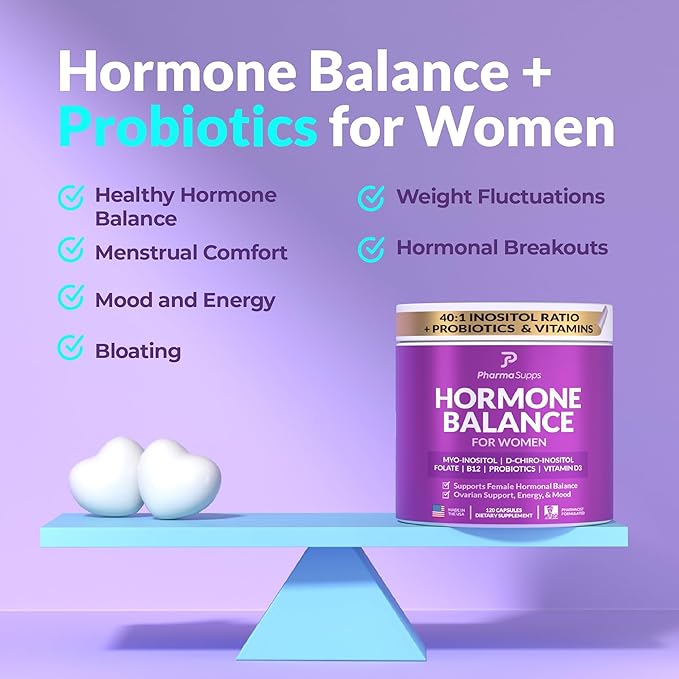 Hormone Balance for Women, Ovarian Support, Fertility, Menstrual Cycle, PCOS | Myo-Inositol & D-Chiro Inositol Supplement 40:1 Ratio w/Folic Acid for Hormonal Balance, B12 & Probiotics - 240 Count