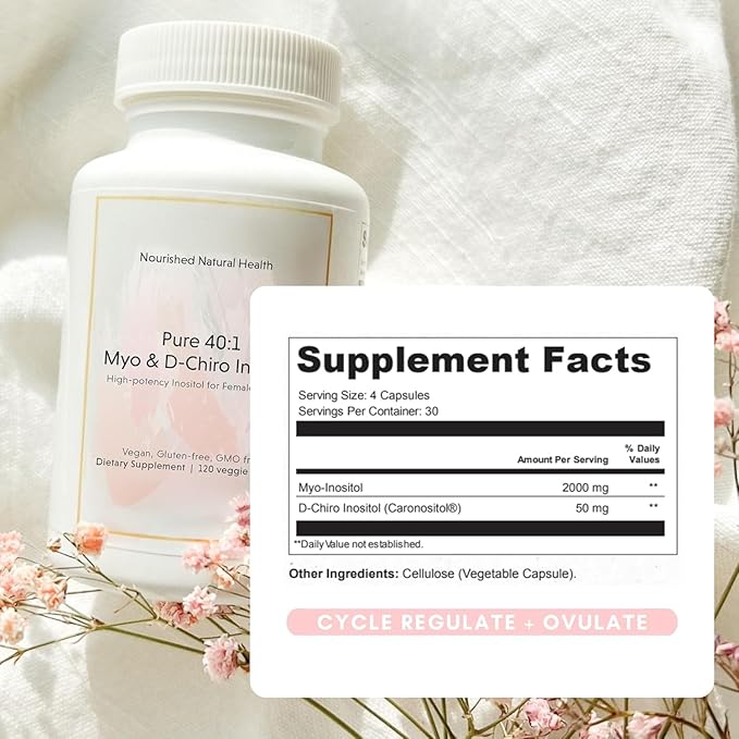 Nourished 40:1 Myo-inositol & D-Chiro Inositol - Supplement for Women with Fertility, Skin Health, or Menstrual Cycle Symptoms - Hormone Balance for Women - 120 Capsules