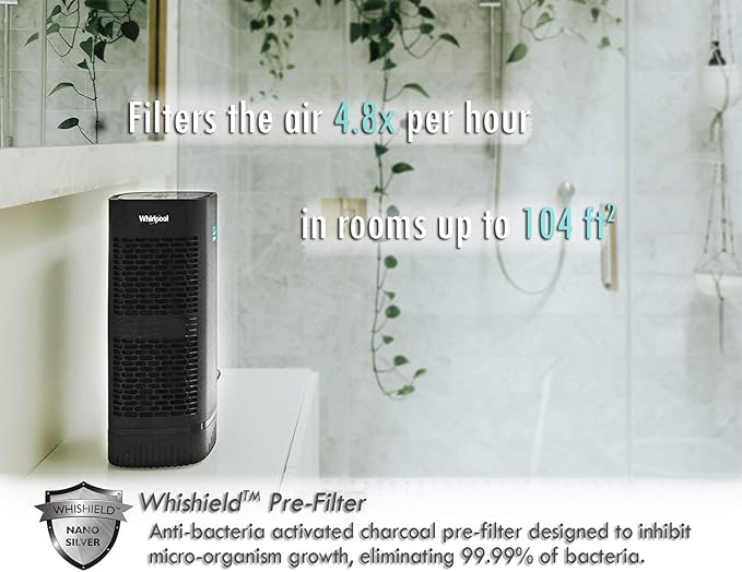 Whirlpool, WPT60B Whispure True Hepa Air Purifier, Activated Carbon Advanced Anti-Bacteria, Ideal for Allergies, Odors, Pet Dander, Mold, Smoke, Wildfire, and Germs, Medium, Black
