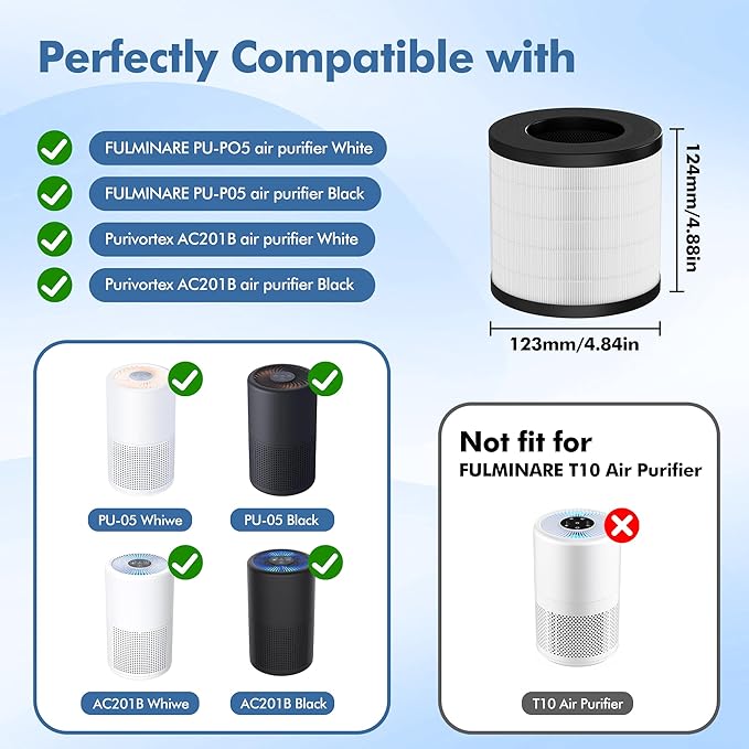 PU-P05/AC201B Replacement Filter Compatible with FULMINARE PU-P05 and Purivortex AC201B Air Purifiers, H13 True HEPA Air Filter for Home Pets Dander Dust Smoke Pollen 2pack
