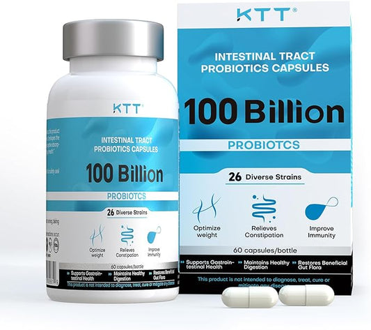 KTT Probiotics 100 Billion CFU - 26 Strains + Organic Prebiotics - Immune, Digestive & Gut Health - Supports Occasional Constipation, Diarrhea, Gas & Bloating - for Women & Men - 60ct