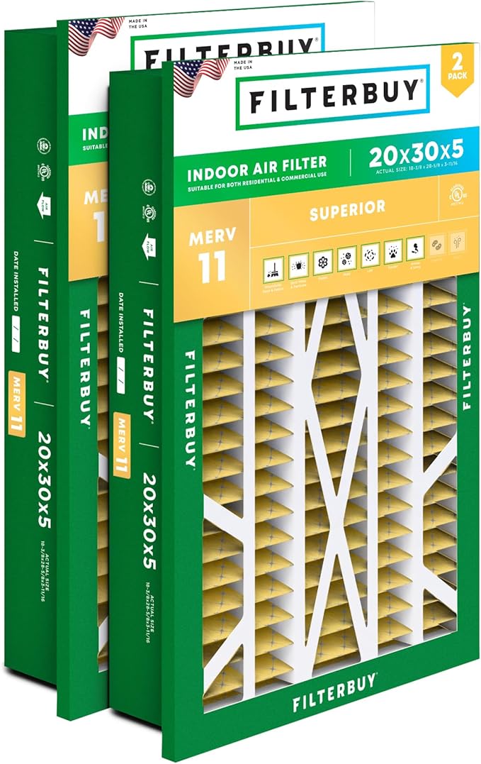 Filterbuy 20x30x5 Air Filter MERV 11 Allergen Defense (2-Pack), Pleated HVAC AC Furnace Air Filters Replacement for Honeywell Return Grille (Actual Size: 18.38 x 28.63 x 3.69 Inches)