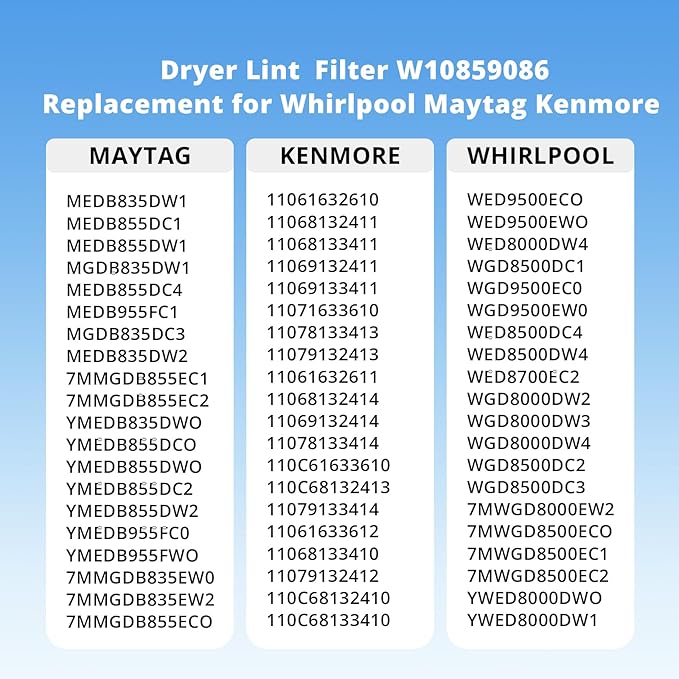 W10859086 W10608811 Dryer Lint Filter Replacement for Whirlpool Maytag Dryer Lint Screen W10701353 MGDB835DW4 WED8000DW3 MEDB835DW2 WGD8500DC1 MEDB855DC4 WGD8500DC3 MEDB835DW0