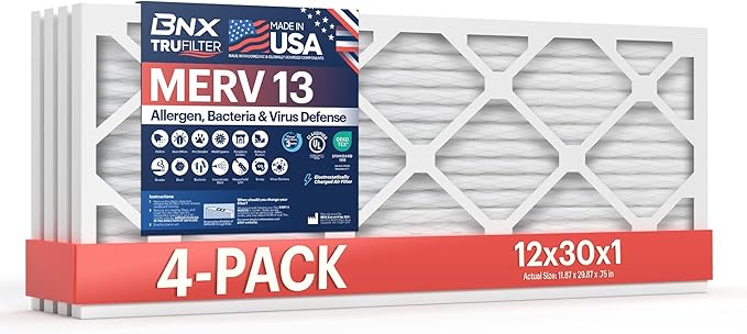 BNX TruFilter 12x30x1 Air Filter MERV 13 (4-Pack) - MADE IN USA - Electrostatic Pleated Air Conditioner HVAC AC Furnace Filters for Allergies, Pollen, Mold, Bacteria, Smoke, Allergen, MPR 1900 FPR 10