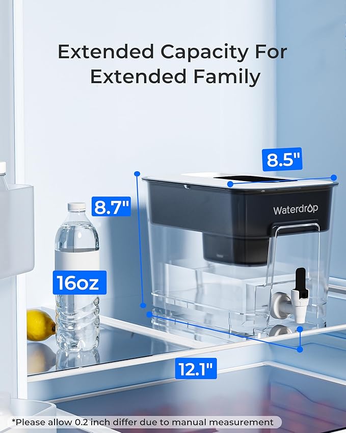Waterdrop 40-Cup Large Water Filter Dispenser with 1 Filter, 200-Gallon Long-Life, for Home and Office, 5X Times Lifetime, Reduces Chlorine, PFOA/PFOS and More, BPA Free, Black