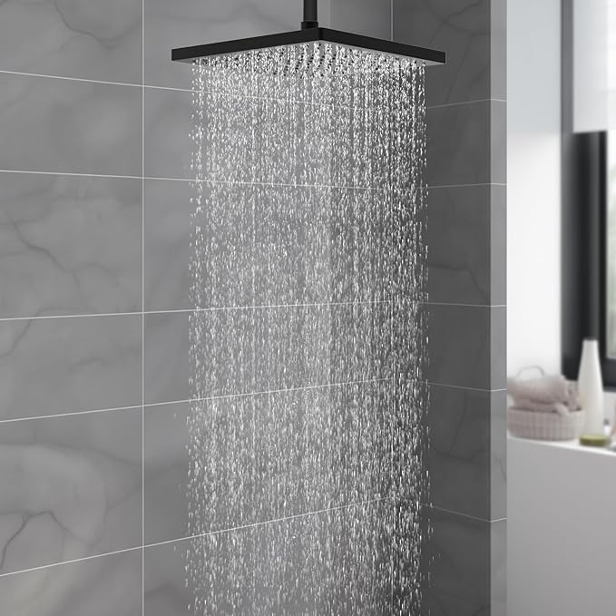 Hibbent Thickness Metal Rain Shower Head, 10 Inch High Pressure Rainfall Shower Head, Square Bathroom Waterfall Shower Heads, High Flow Fixed Showerheads with Adjustable Brass Ball Joint, Matte Black