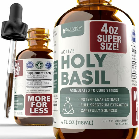 Rejuvica Health Active Holy Basil 4oz XL Super Size - Advanced Stress Support Supplement Drops - Holy Basil Leaves Liquid Extract - Vegan Sugar Free Non GMO Tincture