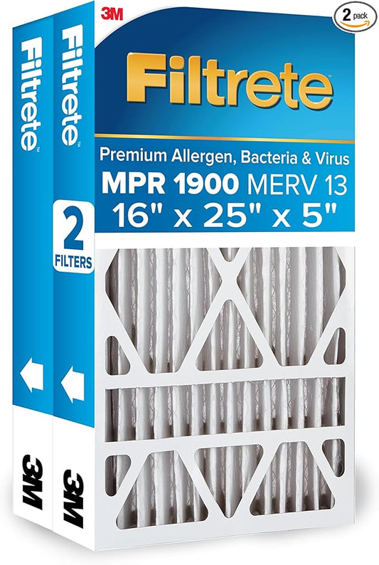 Filtrete 16x25x5 AC Furnace Air Filter, MERV 13, MPR 1900, Premium Allergen, Bacteria & Virus Filter, Electrostatic Air Cleaning Filter, 2-Pack (Actual Size 15.75 x 24.13 x 4.88 in)