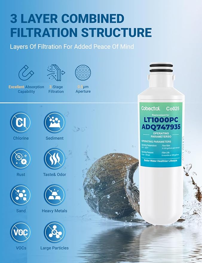 ADQ747935 Water Filter Replacement for LG LT1000P/PC/PCS ADQ74793501 ADQ74793502 MDJ64844601 LMXS28626S LRFLC2706S LFXS26973S LT-1000PC LFXC22526S LHFS28XBS LHFS28XBS Water Filter | 3pack | Cobectal