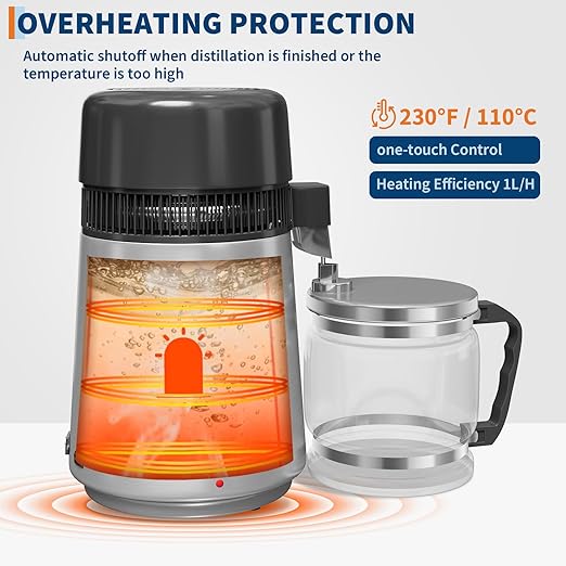 GarveeHome Water Distillers for Home Countertop, 1Gal/4L Stainless Steel Distilled Water Machine with Glass Container, 750W Desktop Drinking Purifier Filter Distilling Kit, Silver