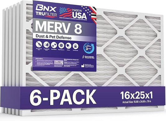 BNX TruFilter 16x25x1 Air Filter MERV 8 (6-Pack) - MADE IN USA – Dust & Pet Defense Electrostatic Pleated Air Conditioner HVAC AC Furnace Filters for Dust, Pet, Mold, Pollen MPR 600 – 700 & FPR 5
