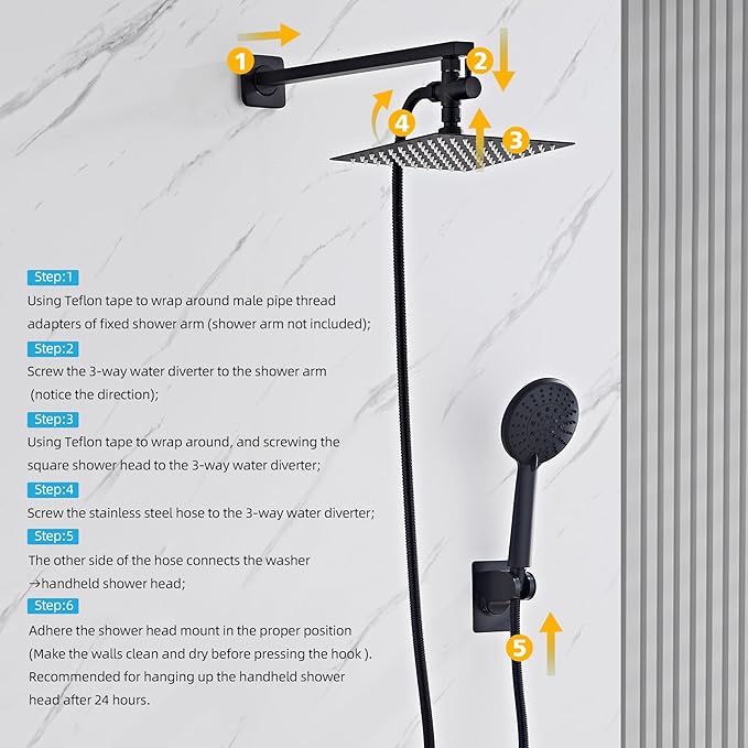 Shower Head Combo Matte Black, 8 Inch Rain Shower Head with Handheld 5 Spray Modes High Pressure Rainfall Shower Heads System, 15 Inch Shower Adjustable Extension Arm