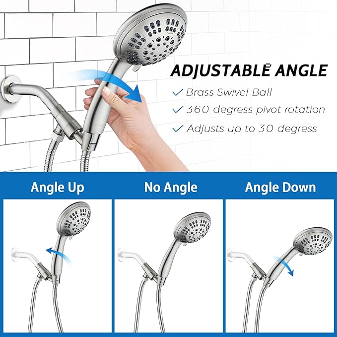 G-Promise High Pressure Shower Head 6 Spray Setting with Adjustable Solid Brass Shower Arm Mount and Extra Long Flexible Stainless Steel Hose (Brushed Nickel)
