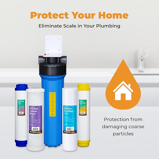Rotek Water Systems Whole House Water Filtration System | 1-Stage Water Filter System | PHO | Clean Water | Anti-Scale Filter | 20 Inch