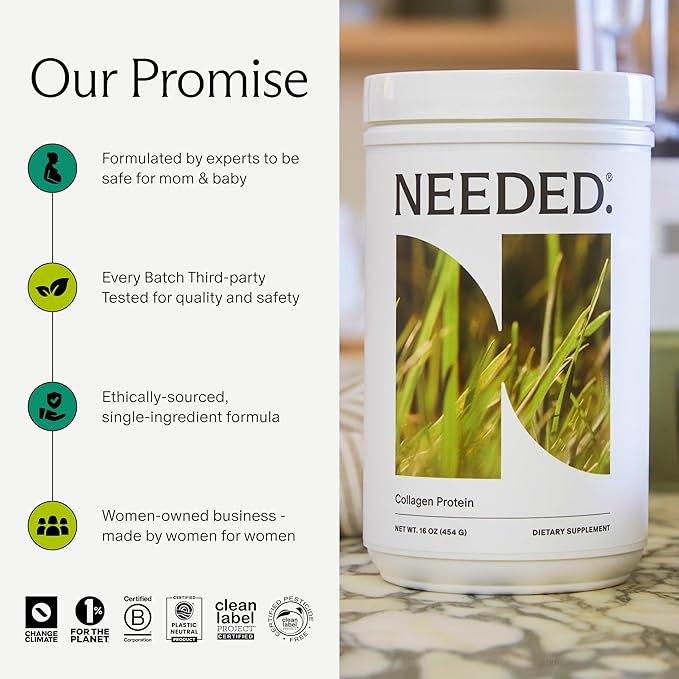 Needed. Prenatal Hydrolyzed Collagen Protein Powder – Expert-Backed & Clean Sourced | Supports Skin, Hair, Joints, and Tissue Recovery in Pregnancy | Grass-fed, Pasture-Raised, Hormone-Free | 1lb