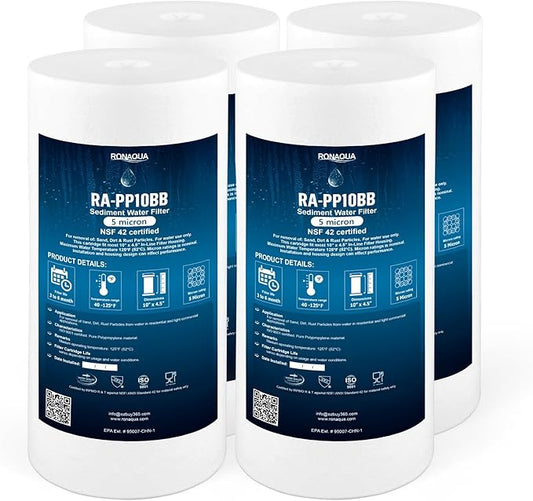 Ronaqua 10" x 4.5" Big Sediment Replacement Water Filter Cartridge, 5 Micron, NSF Certified, for Whole House, Compatible with RFC-BBSA, W15-PR, WFHD13001B, GXWH35F, HF45-10BLBK10PR and AP817, 4 Pack