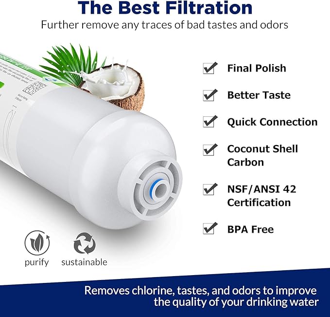 Membrane Solutions T33 Inline Water Filter, 2-Pack 1/4" Quick-Connect Replacement Cartridges for Refrigerator & Ice Maker, Post-Carbon Filter for Reverse Osmosis Systems, Push-to-Connect