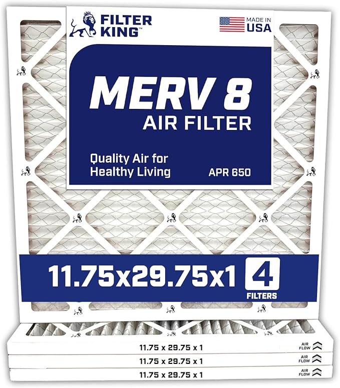 Filter King 11.75x29.75x1 Air Filter | 4-PACK | MERV 8 HVAC Pleated A/C Furnace Filters | MADE IN USA | Actual Size: 11.75 x 29.75 x .75"