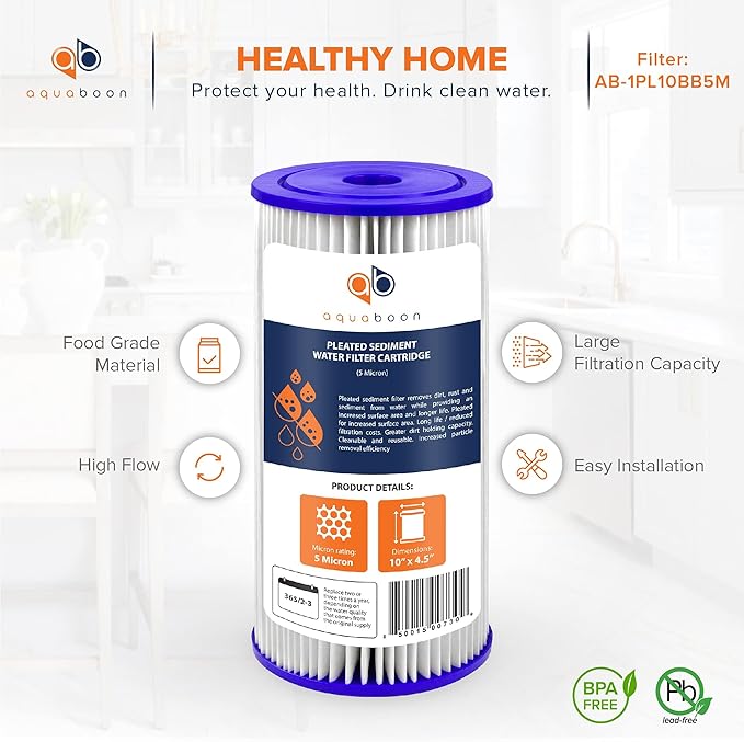 Aquaboon 5 Micron Pleated Sediment Water Filter 10 x 4.5 Cartridge - Whole House Water Filter Replacement - Whole House Water Filters Cartridges Compatible with Well Filters FXHSC, R50-BBSA, 2-Pack