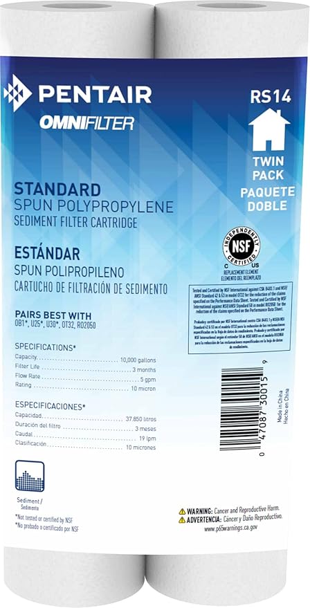 Pentair OMNIFilter RS14 Sediment Water Filter, 10-Inch, Standard Whole House Polypropylene Spun Sediment Replacement Filter Cartridge, 10" x 2.5", 10 Micron, Pack of 2