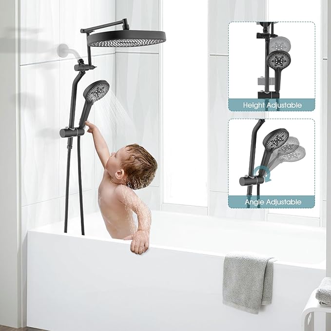 14" x 8" Rectangle High Pressure Rainfall Shower Head with Handheld Combo, 6 Setting Handheld Shower Head, Adjustable Height Shower Extension Arm and Slide Bar for Easy Reach - Matte Black