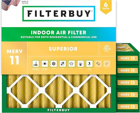 Filterbuy 25x25x2 Air Filter MERV 11 (MPR 1200) Allergen Defense Replacement (6-Pack), Electrostatic Pleated HVAC AC Furnace Filters, Made in USA (Actual Size: 24.50 x 24.50 x 1.75)