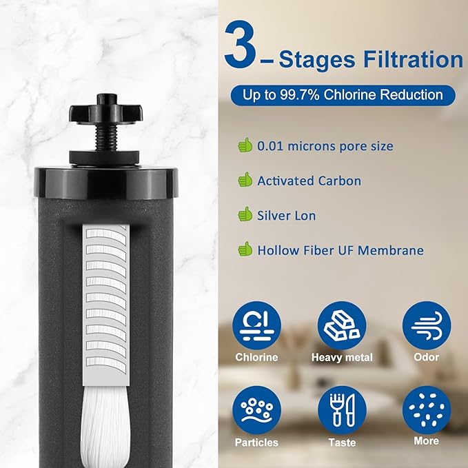 Black Activated Carbon Water Filter Elements & Fluoride Filters for Gravity Water Filtration System with UF-membrane Certified Water Filter Replacement, Pack of 4