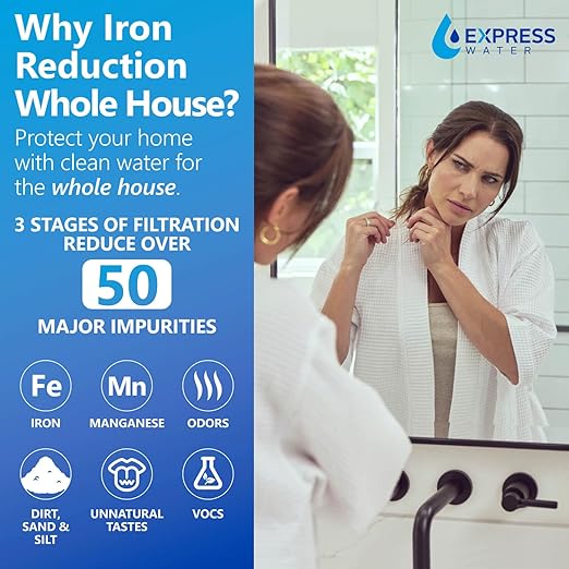 Whole House Water Filter System| IRON & MANGANESE | 3 Stage Water Purifier Whole Home, Top-Tier Iron & Mang. Filter Targets Stains/Color on Glass-Ware, Fixtures, Laundry, Signf. Reduces Lead & Arsenic