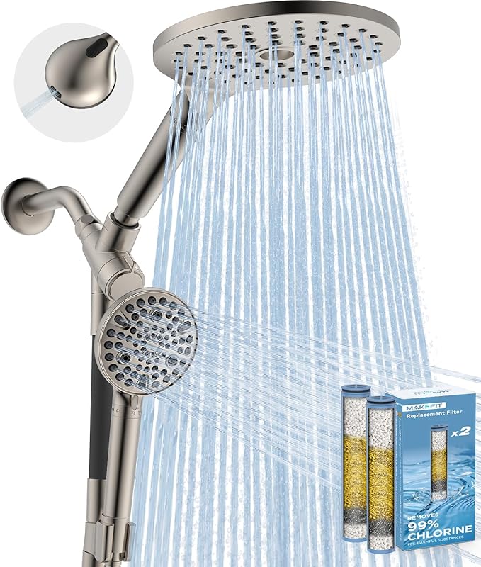 Dual Filtered Rain Shower Head Combo, High Pressure Handheld Shower Head with Adjustable Bar - Rainfall Shower Head And Showerhead with Filter for Hard Water - Removes Chlorine(Brushed Nickel)