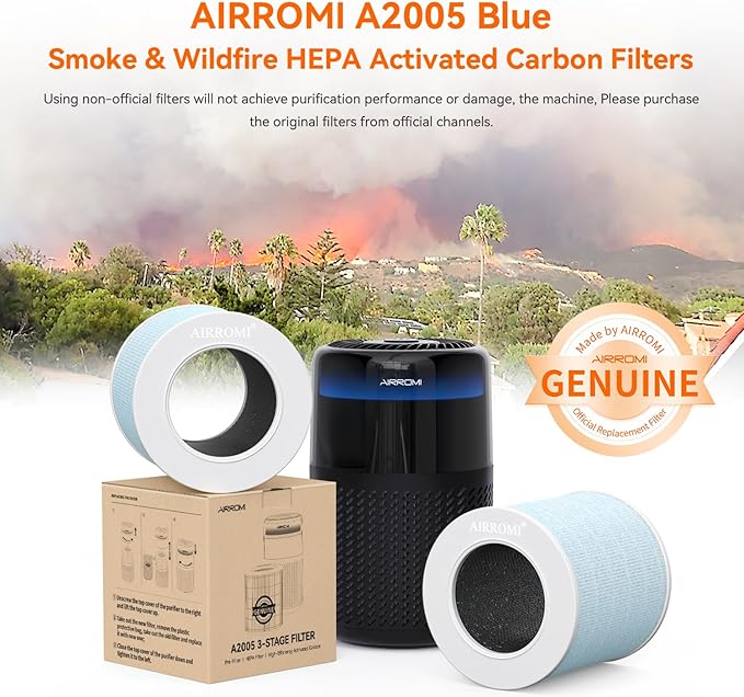 AIRROMI A2005 HEPA Air Purifier Replacement Filter, 3-In-1 Original Filter, Remove 99.97% of 0.3 Micron Particle 1 Pack White (Blue)