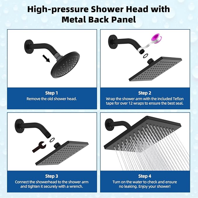 Hibbent Thickness Metal Rain Shower Head, 6'' High Pressure Rainfall Shower Head, Square Bathroom Waterfall Shower Heads, High Flow Fixed Showerheads with Adjustable Brass Ball Joint, Matte Black