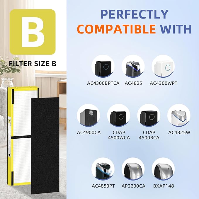 FLT4825 HEPA Filter B Replacement Compatible with G-Guardian Air Purifiers AC4825 AC4825E AC4825W AC4300 AC4800 AC4900 AC4850,4 H13 True HEPA Filters+8 Carbon Pre-Filters