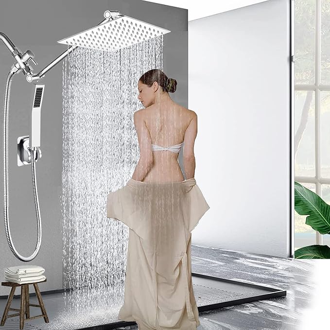 All Metal 12'' Rain/Rainfall Shower Head with Handheld Spray Combo, High-Pressure Square Shower Head with 13'' Extension Arm, Dual Chrome Shower Heads with 78'' Hose, Waterfall Showerhead