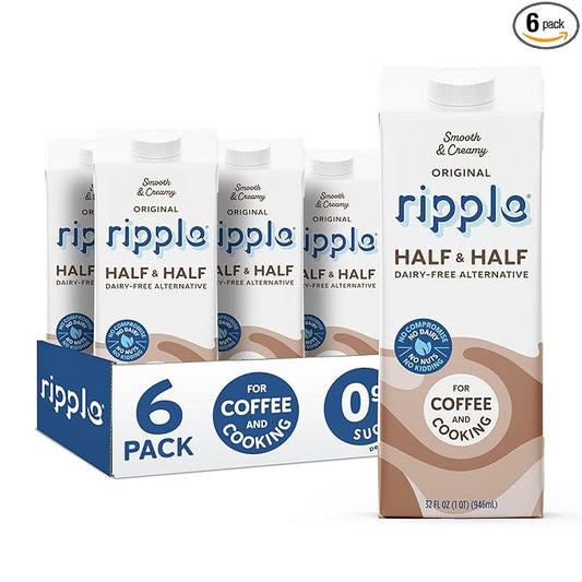 Ripple 32 oz Plant Based Milk 8g of Quality Sourced Pea Protein, Calcium Rich | Shelf Stable | Vegan & Non GMO Certified | Dairy, Soy, Nut, Gluten, & Lactose Free (Pack of 6) (32 Fl Oz (Pack of 6), Half & Half)