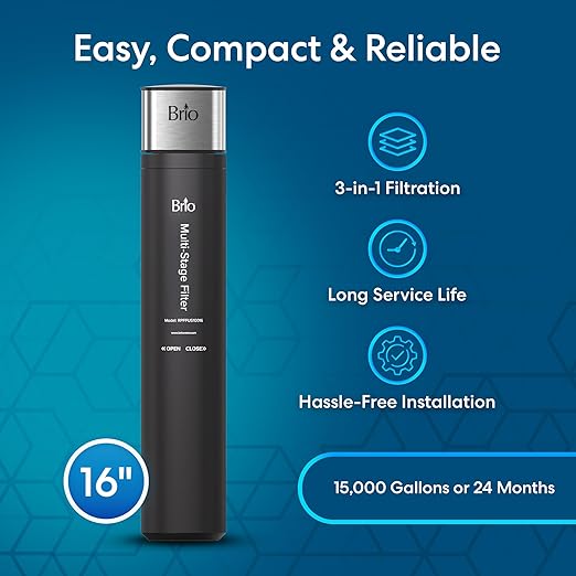 Brio 16" Under Sink Water Filter System for Kitchen & Bathroom Faucet | 3-Stage Single Housing 0.5 Micron Filters PFAS, Chlorine, Lead, Mercury+ | 15,000 Gallons/2 Years | NSF/ANSI 42 & 372 Certified
