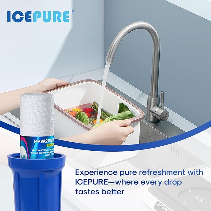 ICEPURE 5 Micron 4.5" x 20" Whole House String Wound Sediment Water Filter Cartridge for Well Water, Replacement for WP5BB20P/WP25BB20P, SDC-45-2005, SP-WP5-20BB, SWC-45-2005, 3PACK