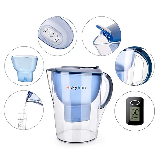 Hskyhan Alkaline Water Filter Pitcher - 3.5 Liters Improve PH, 2 Filters Included, BPA Free, 7 Stage Filteration System to Purify, Blue