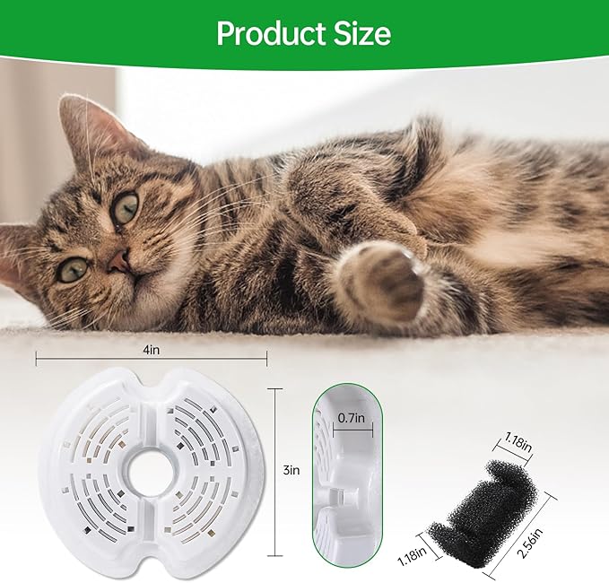 12 Packs Cat Water Fountain Filters for Ultra Silent Cat Fountain 67oz/2L with LED Night Light, Triple Filtration System Activated Carbon Filter with Pre-Filter Sponges for Pet Water Fountain
