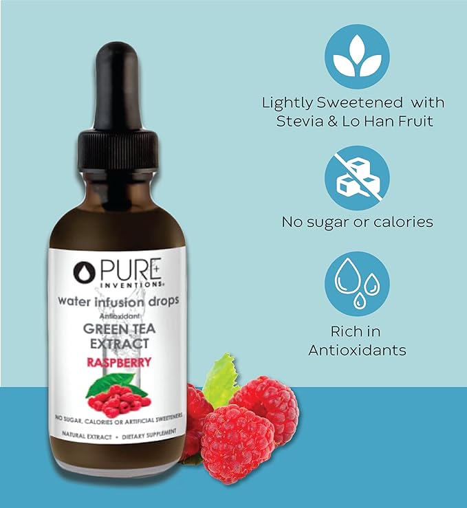 Pure Inventions - Green Tea Raspberry Water Infusion Drops - Antioxidants & Electrolytes - Health & Wellness Drink - Immunity Support - Sugar Free, Zero Calorie, No Artificial Sweeteners -500 Servings
