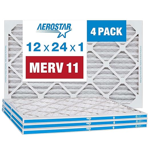 Aerostar 12x24x1 MERV 11 Air Filter, 4 Pack Set of HVAC Furnace Filters, Electrostatic MPR 1000-1200 & FPR 7 (Actual Size: 11 3/4 x 23 3/4 x 3/4 inches)