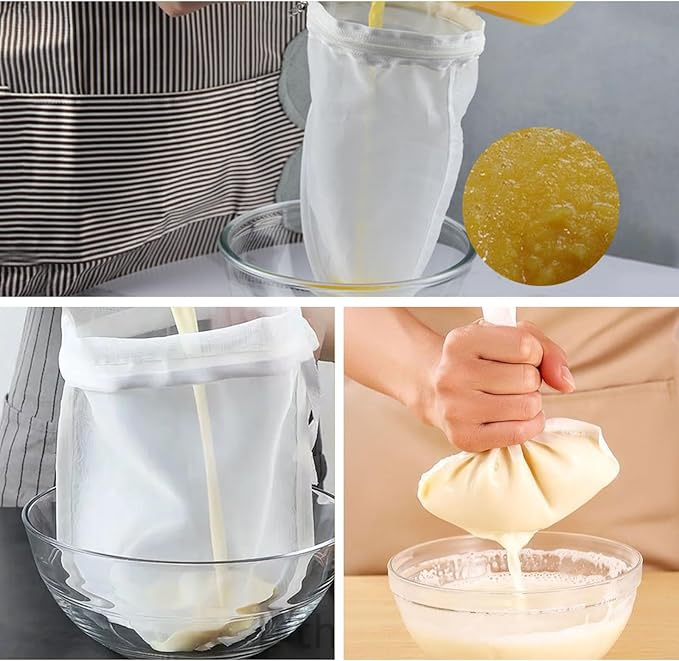 10Pcs Extra Fine Mesh Strainer Bags with Handle, Reusable Cheesecloth Bag, Kitchen Strainer Filter for NutMilk, Coffee, Milk, Tea, Juices and Fresh Cheese, Large, White