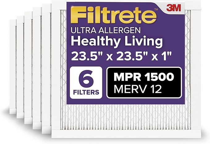 Filtrete 23.5x23.5x1 AC Furnace Air Filter, MERV 12, MPR 1500, CERTIFIED asthma & allergy friendly, 3 Month Pleated 1-Inch Electrostatic Air Cleaning Filter, 6-Pack (Actual Size 23.22x23.22x0.78 in)