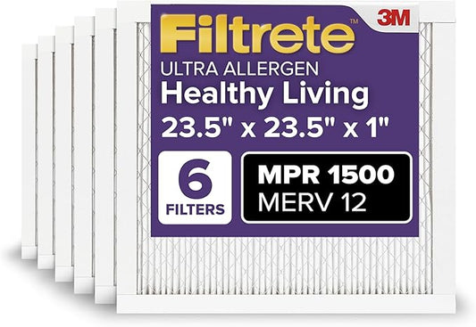 Filtrete 23.5x23.5x1 AC Furnace Air Filter, MERV 12, MPR 1500, CERTIFIED asthma & allergy friendly, 3 Month Pleated 1-Inch Electrostatic Air Cleaning Filter, 6-Pack (Actual Size 23.22x23.22x0.78 in)