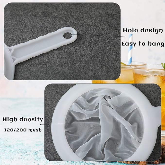 2 Piece Fine Nylon Mesh Strainer Kitchen Food Yogurt Mesh Sieve Plastic Mesh Colander with Handle Mini Brine Shrimp Separation Net for Filtering Juice Milk Soy Coffee Honey Wine Yogurt (120/200 Mesh)
