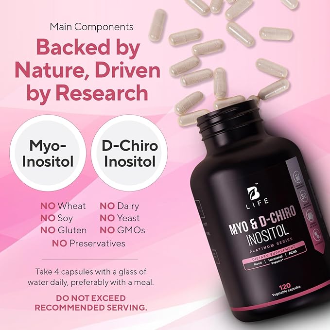 Inositol Supplement for Women – Myo-Inositol & D-Chiro Inositol – PCOS Supplements for Ovarian Support – Myo Inositol Supplement – Myoinositol and D Chiro Inositol – Vitamin B8– 40:1 Ratio - 120 Caps