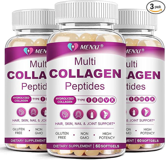 Multi Collagen Peptides Softgel for Women & Men - Type I, II, III, V, X - Hydrolyzed Collagen Peptides with Biotin, Vitamin C & Hyaluronic Acid - Support Skin Hair Nail & Joint - Non GMO, 180 Softgel