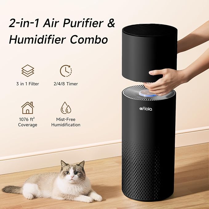 Afloia Humidifier and Air Purifier in One, Air Purifier and Evaporative Humidifier Combo for Home, 24dB Quiet Air Cleaner Remove Pets Dust Dander Hair Allergy Pollen Smoke Smell for Room, Black