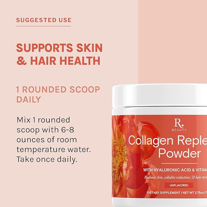 Reserveage Nutrition Collagen Replenish Powder with Hyaluronic Acid & Vitamin C - No-Taste Collagen for Radiant Skin Care, Hair Growth & Cellulite Reduction - Mixes Easily - 2.75 oz