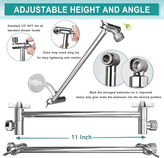 10 Inch Shower Head Combo, High Pressure Rainfall Shower Head with 4 Settings Handheld Spray and 11 Inch Brass Adjustable Extension Arm, 78'' Anti-leak Shower Hose, Chrome