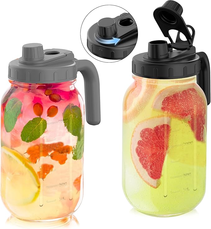 2 Pack 64oz Glass Mason Jar Pitchers with Wide Mouth & Measurement Marks – Leak-Proof Twist Lids for Cold Drinks, Iced Tea, Lemonade, and Juice